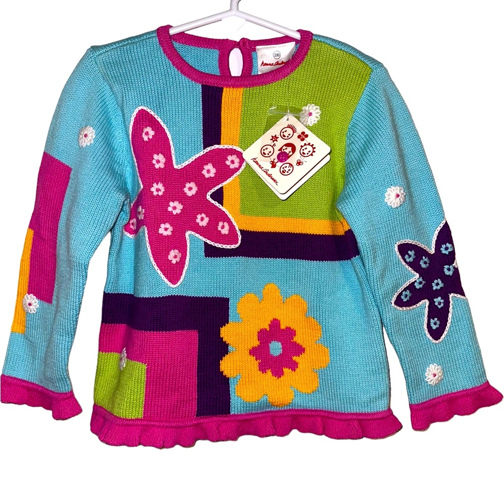 Hanna Andersson Sweater Blue Pink Flower Ruffle Hem 100 3T